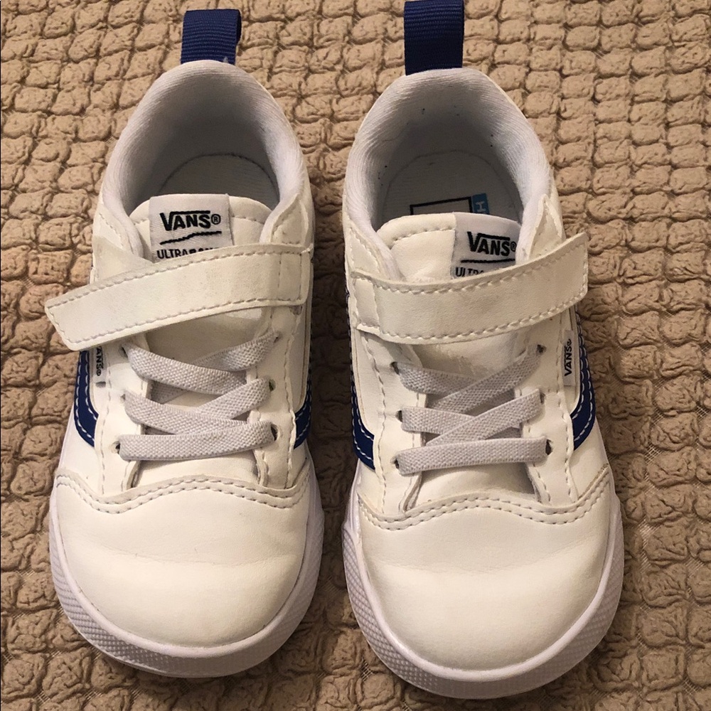 Vans Kids White Sneakers with Blue Side Stripe